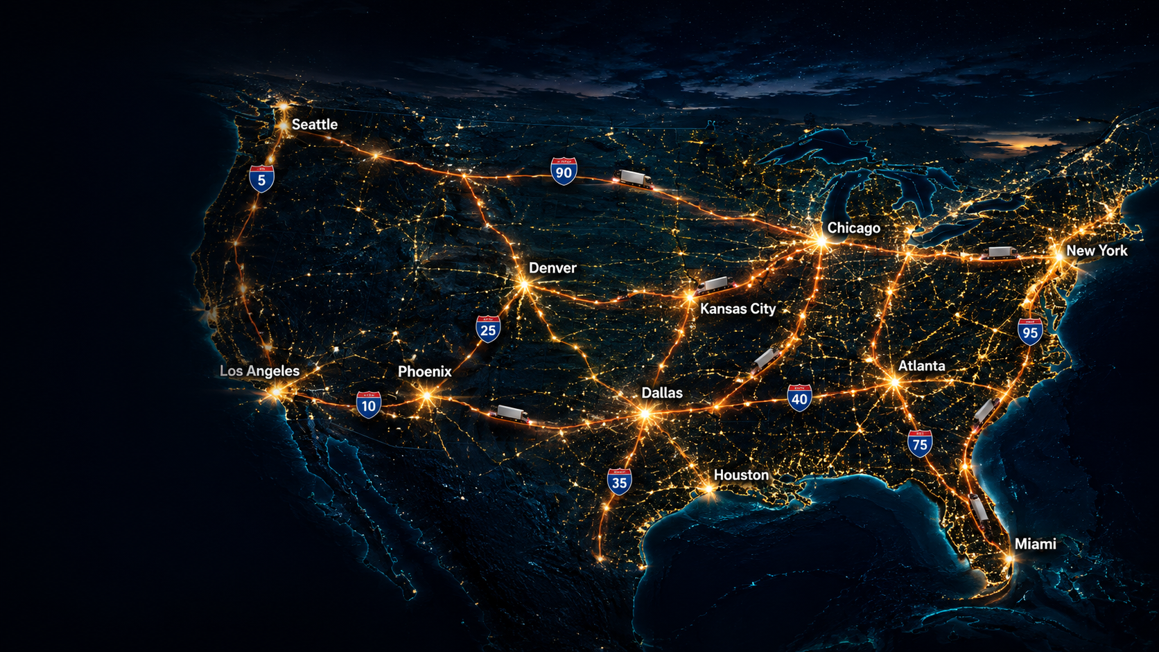 Glowing nighttime map of the United States with active trucking routes