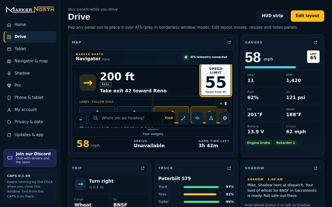 The Hub's Drive page: Navigator's map with a turn card reading 200 feet with a REAL tag, a gauges panel at 58 mph under a 65 limit, and trip, truck and Shadow panels below.