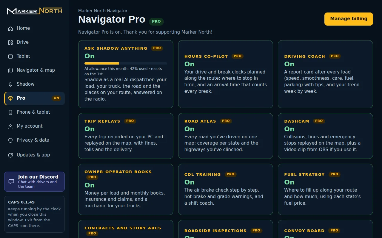 The Hub's Pro page with Navigator Pro on: cards for Ask Shadow Anything with the month's AI allowance, Hours co-pilot, Driving coach, Trip replays, Road atlas, Dashcam, Owner-operator books, CDL training and Fuel strategy.