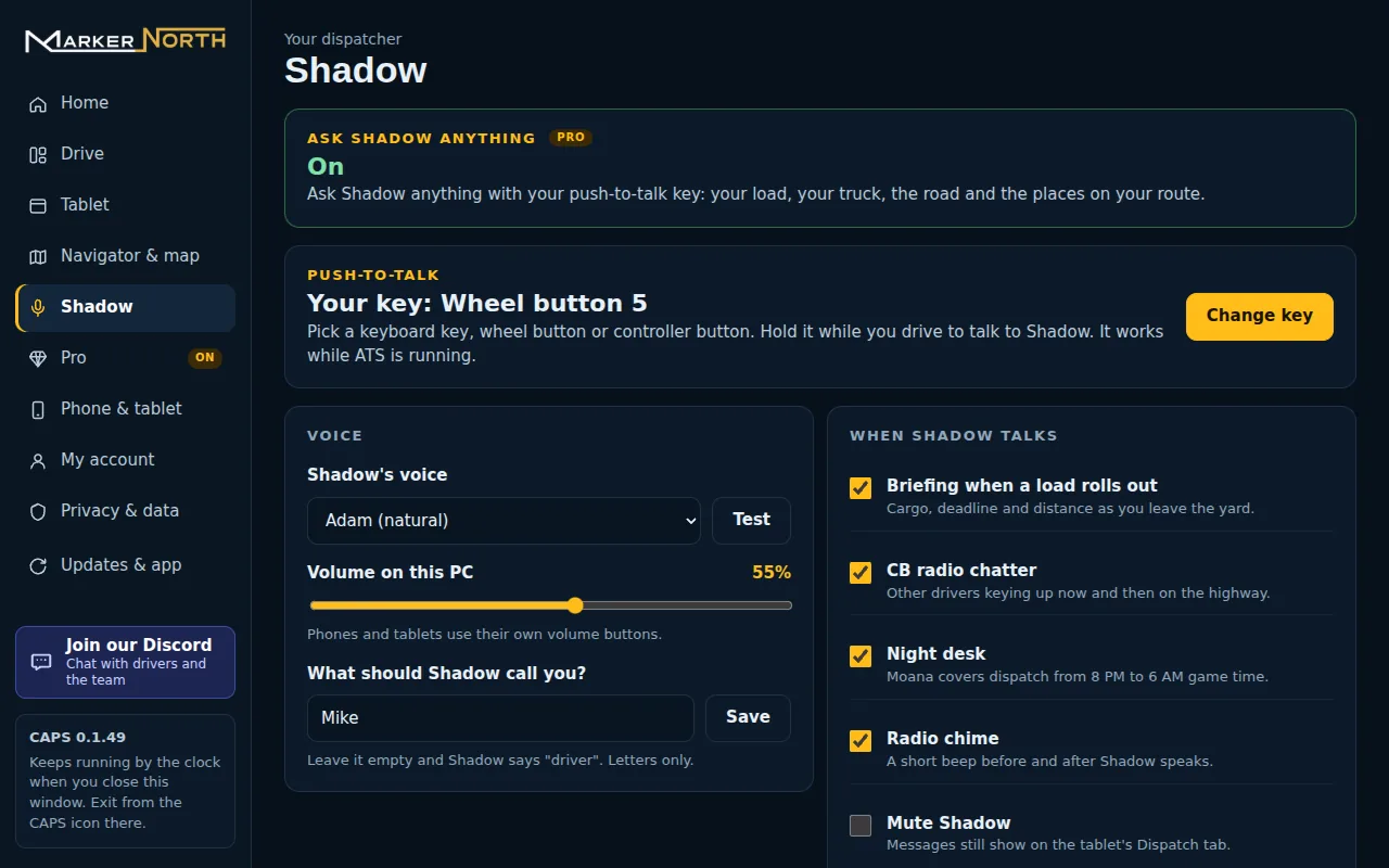 The Hub's Shadow page: the push-to-talk key set to wheel button 5, Shadow's voice and volume, a box for the name Shadow calls you, and switches for briefings, CB radio chatter, night desk and the radio chime.