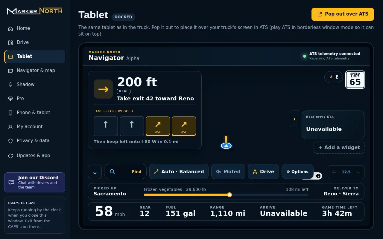 The Hub's Tablet page with the tablet docked: Navigator with a turn card, lane guidance, the load bar and the truck's speed, gear, fuel and range, and a Pop out over ATS button.