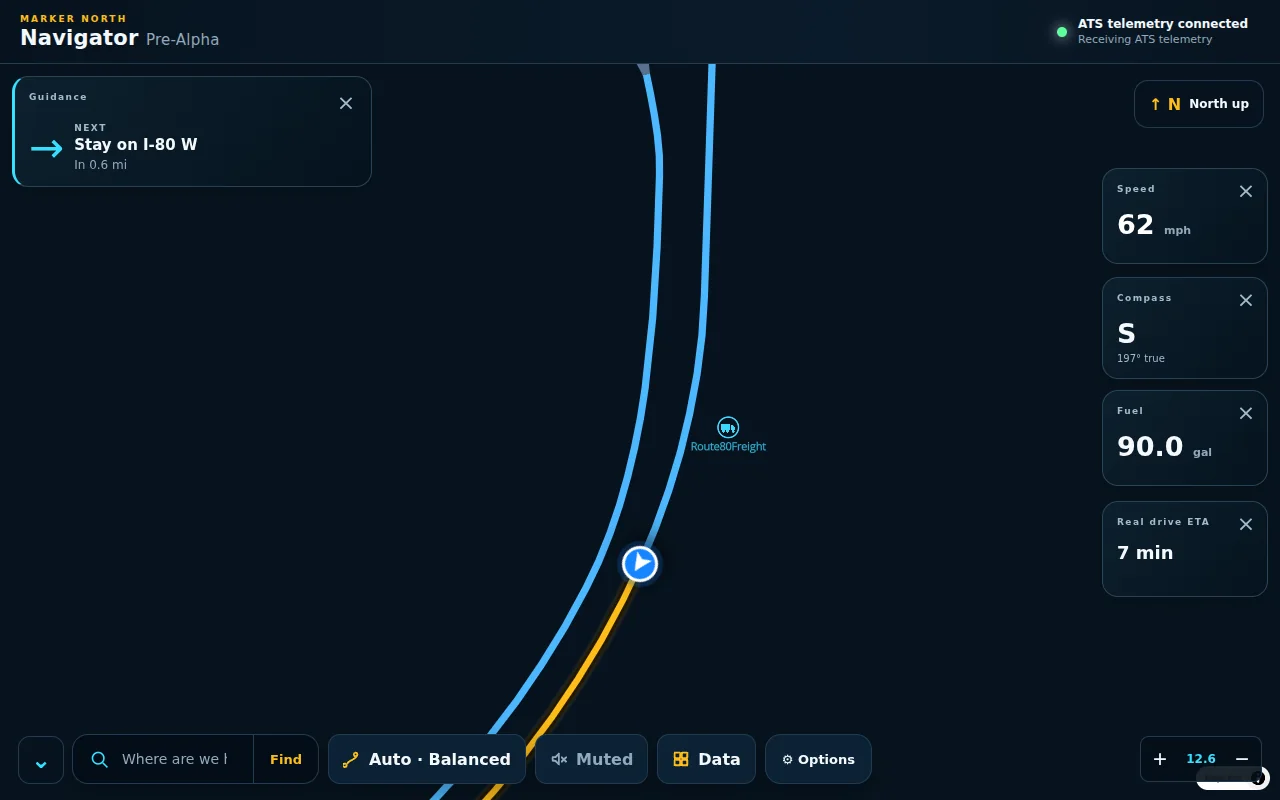 Navigator's Data view with widgets for speed, compass, fuel and real drive time, and a guidance card for the next turn.