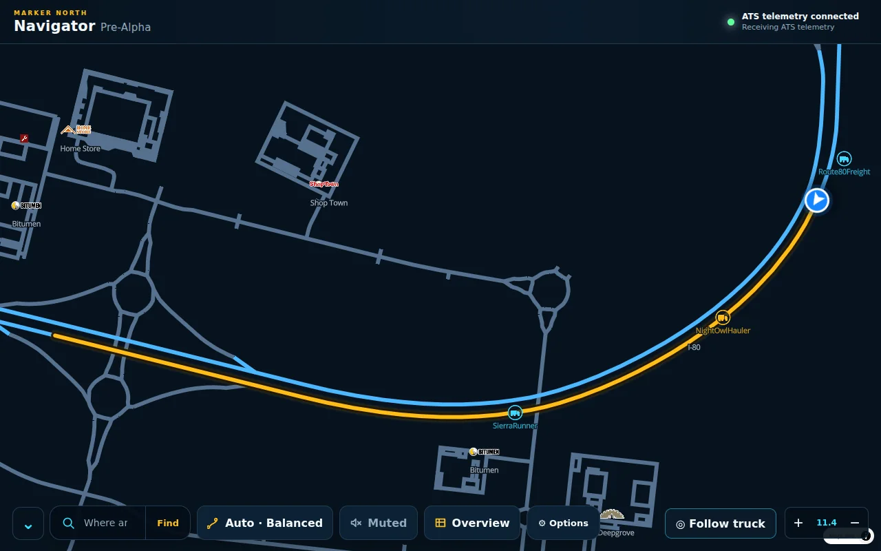 Navigator in Overview: the whole route in gold along I-80, with nearby companies, roads and other drivers on the map.