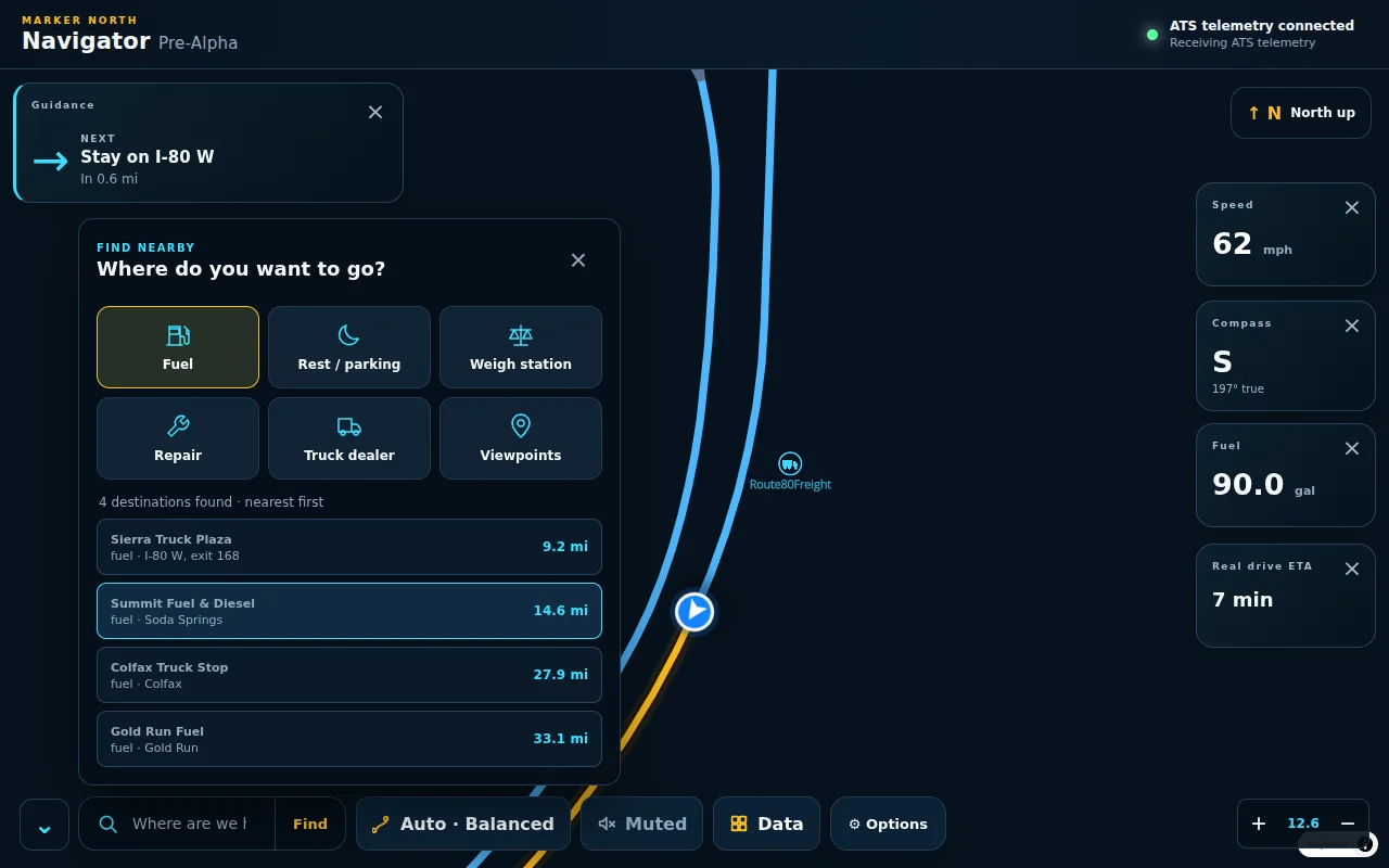 The Find nearby panel with buttons for fuel, rest and parking, weigh stations, repair, truck dealers and viewpoints, listing four fuel stops nearest first.