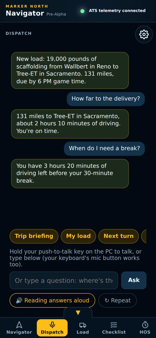The Dispatch tab on a phone: Shadow's answers, quick question buttons, a box to type a question and a Reading answers aloud button.