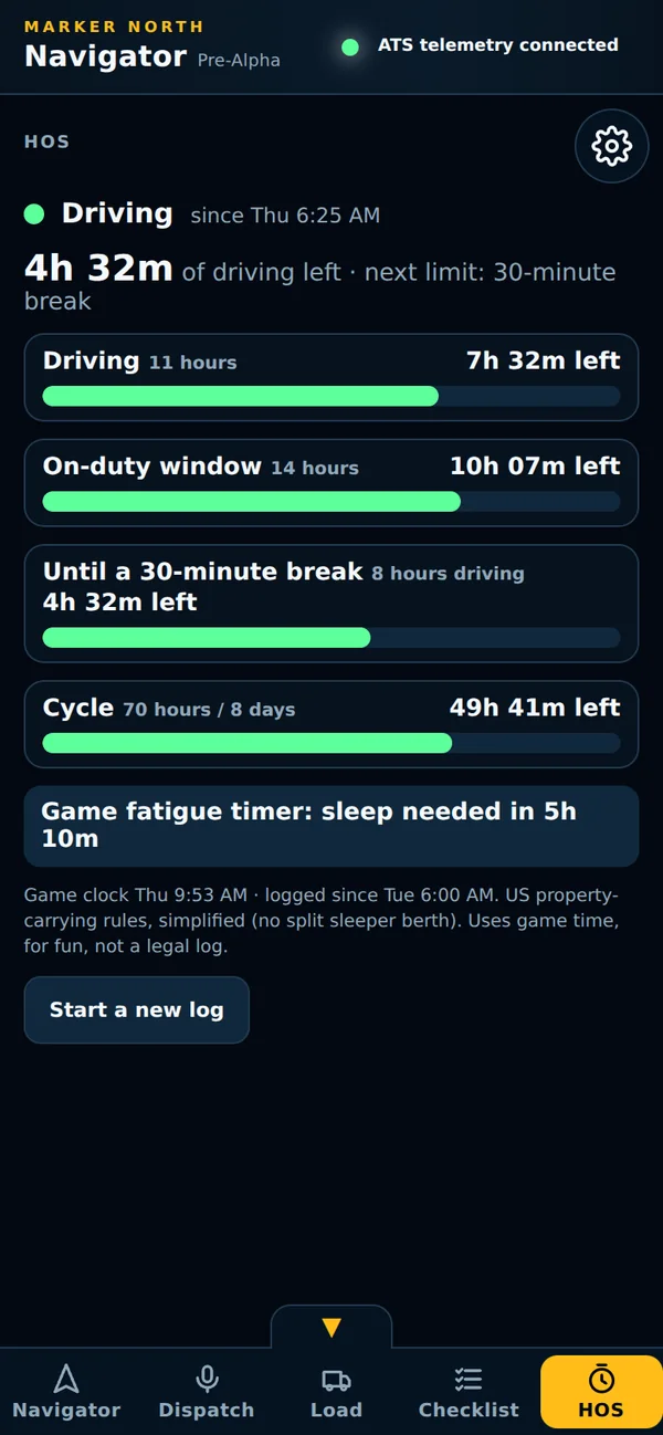 The HOS tab on a phone showing driving time left and the next limit.
