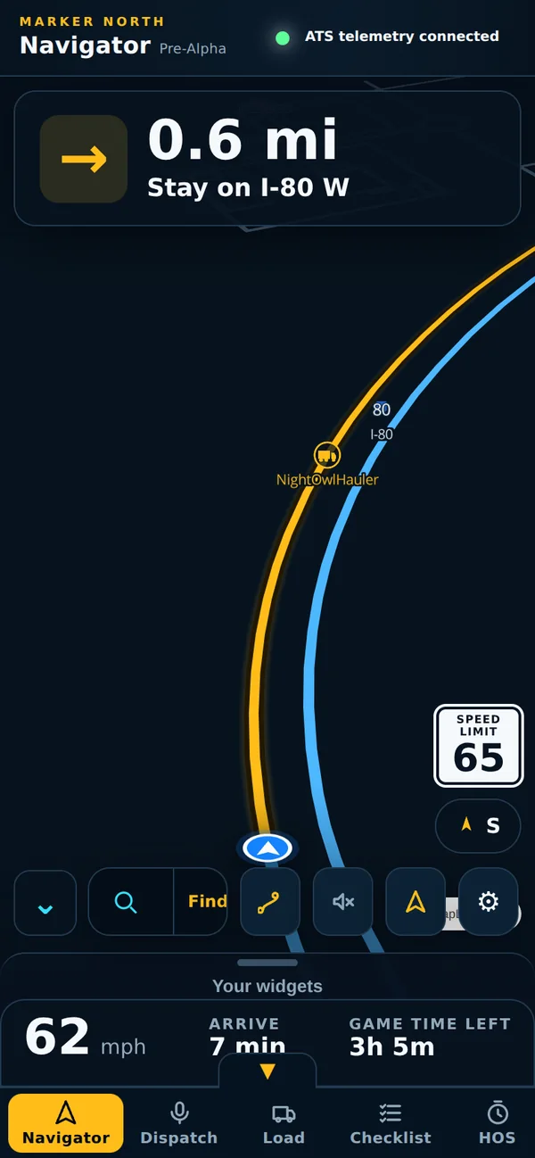 Navigator on a phone: the turn card, the route, the speed limit and widgets, with tabs along the bottom.