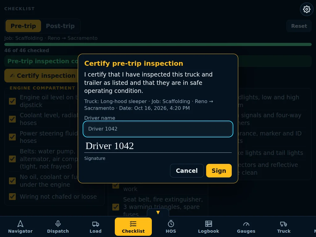 The Certify pre-trip inspection sheet with the truck, the job and the date, a name typed in and a signature line, and Cancel and Sign buttons.