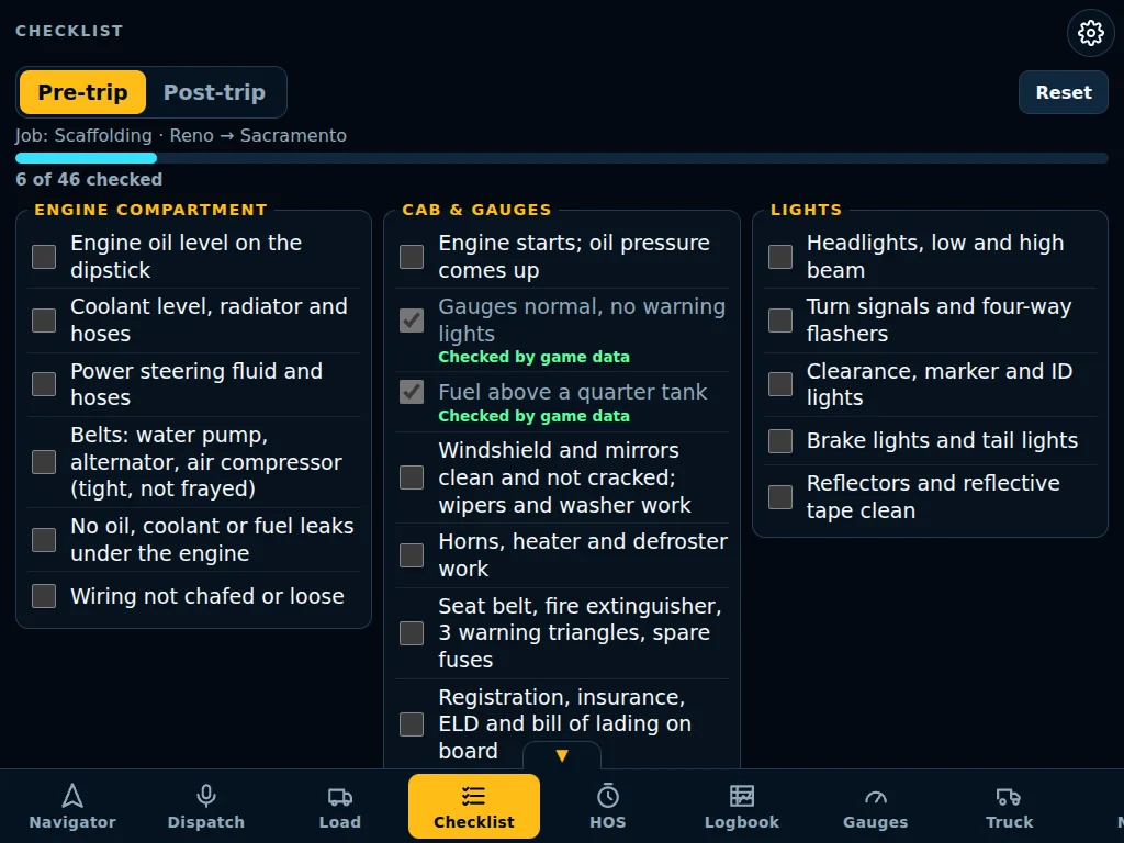 The pre-trip checklist with groups for the engine compartment, cab and gauges, and lights; two items are checked by game data.