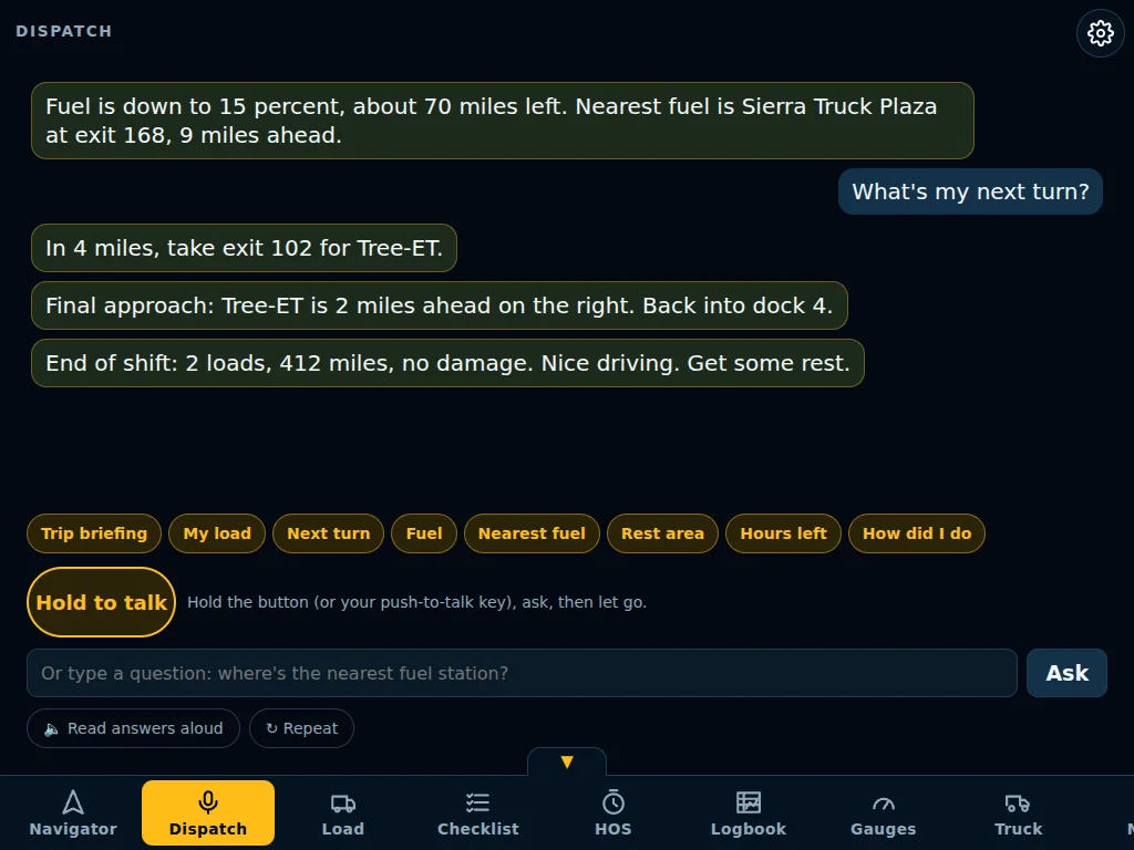 Shadow calling in on the Dispatch tab: a low-fuel warning with the nearest fuel stop, a final approach call for the delivery, and an end-of-shift summary.