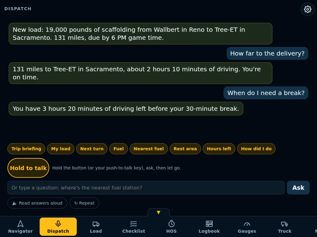 The Dispatch tab: Shadow's new-load briefing, then the driver asks how far to the delivery and when to take a break, and Shadow answers each one. Quick question buttons and a Hold to talk button sit below.