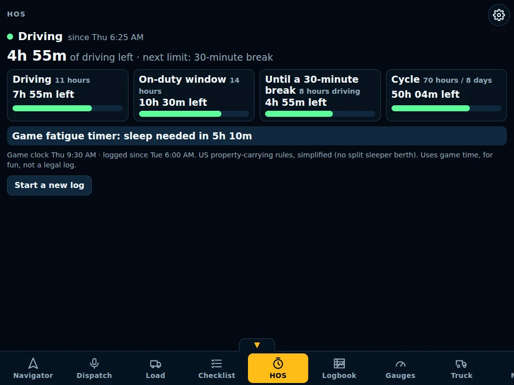 The HOS tab: driving now, 5 hours 9 minutes of driving left, with bars for the 11-hour driving limit, 14-hour window, 30-minute break and 70-hour cycle.